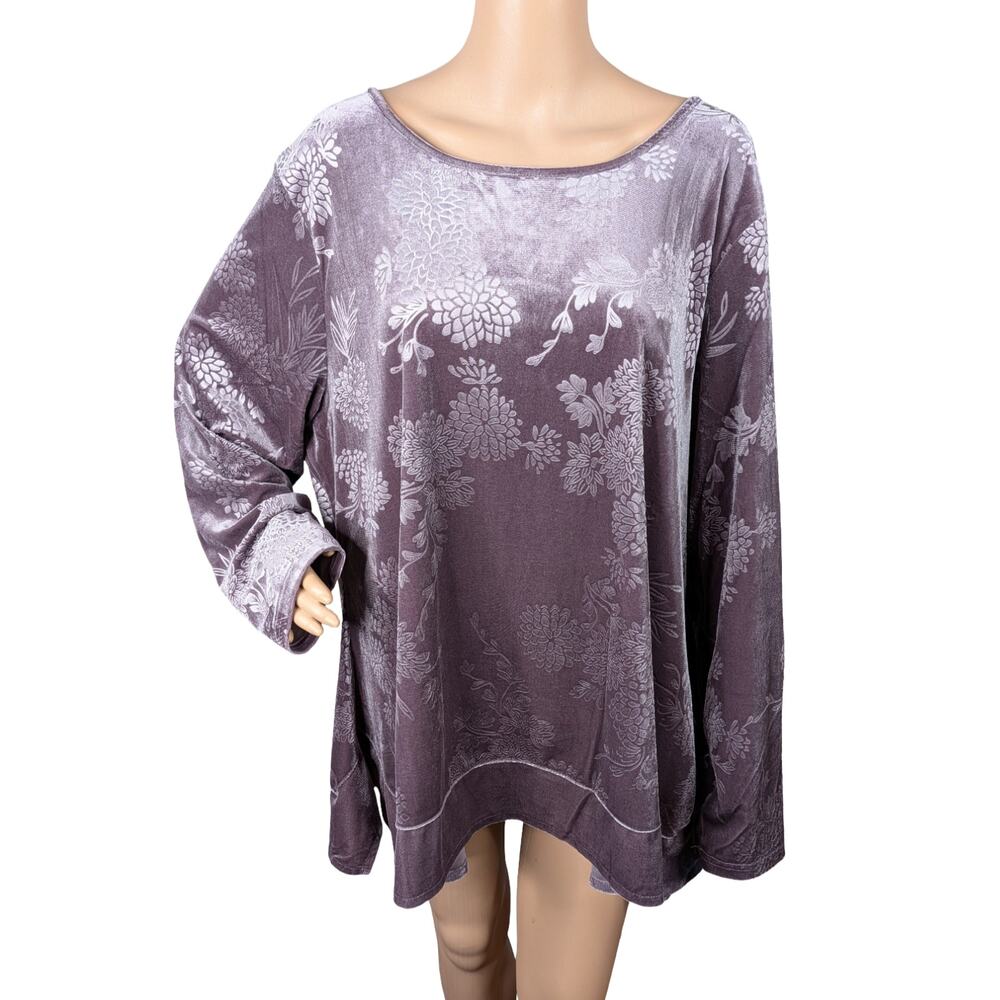 Pyramid Collection Velvet Tunic 2X Purple Floral Burnout Asymmetric Whimsigoth